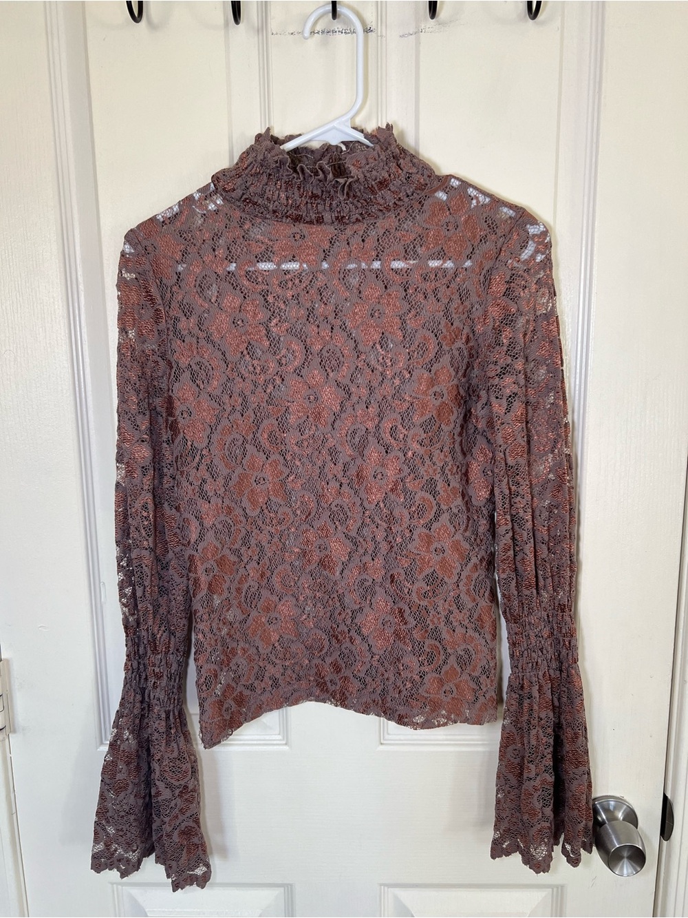 Bebe Y2K Floral Lace Mock Neck Bell Sleeve Sheer Top Brown-Cooper